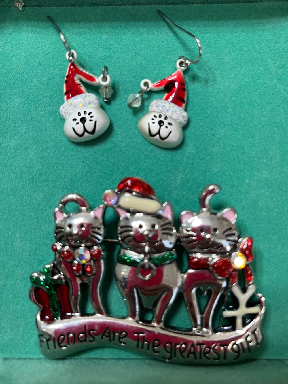 Holiday Cat Friends Enamel Pendant and Earrings Set - Red, White, Green
